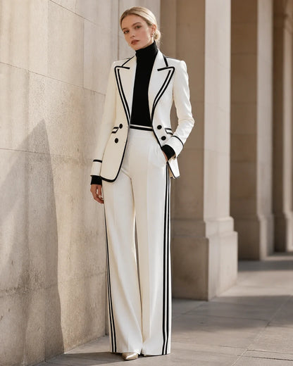 White color-block double-breasted suit for women, lifestyle view