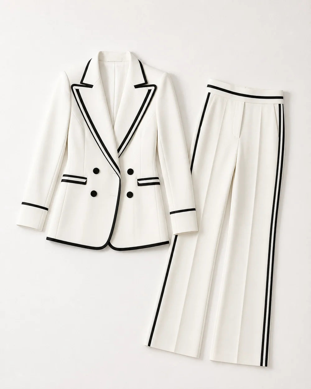 White color-block blazer and trouser suit for women, flat lay