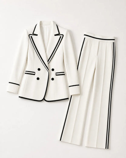 White color-block blazer and trouser suit for women, flat lay