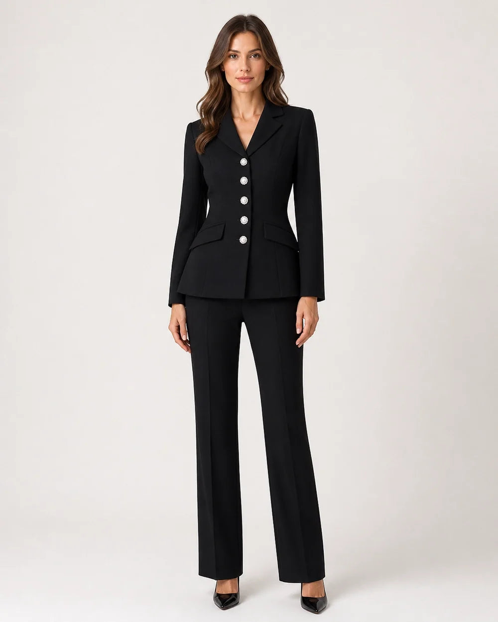 Black fitted five-button blazer and trousers set for women, front view
