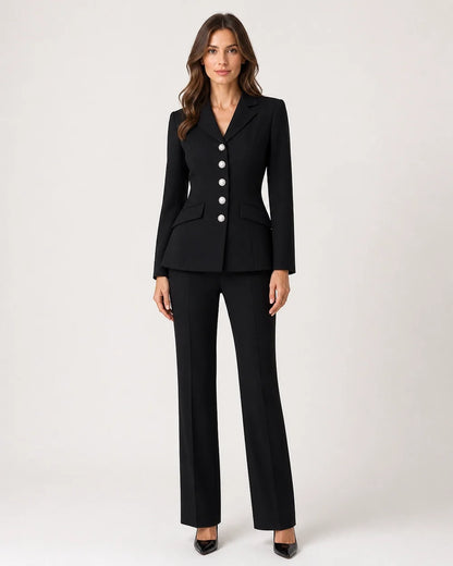 Black fitted five-button blazer and trousers set for women, front view
