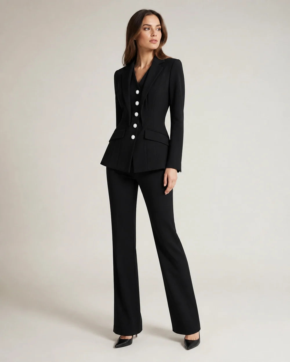 Black fitted five-button blazer and trousers set for women, three-quarter view