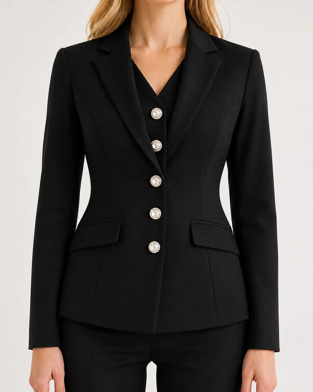 Black fitted blazer five silver button tailoring detail