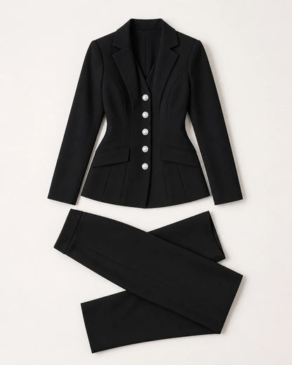 Black fitted five-button blazer and trousers set, flat lay