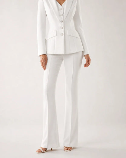 White fitted five-button blazer and trousers set for women, worn view