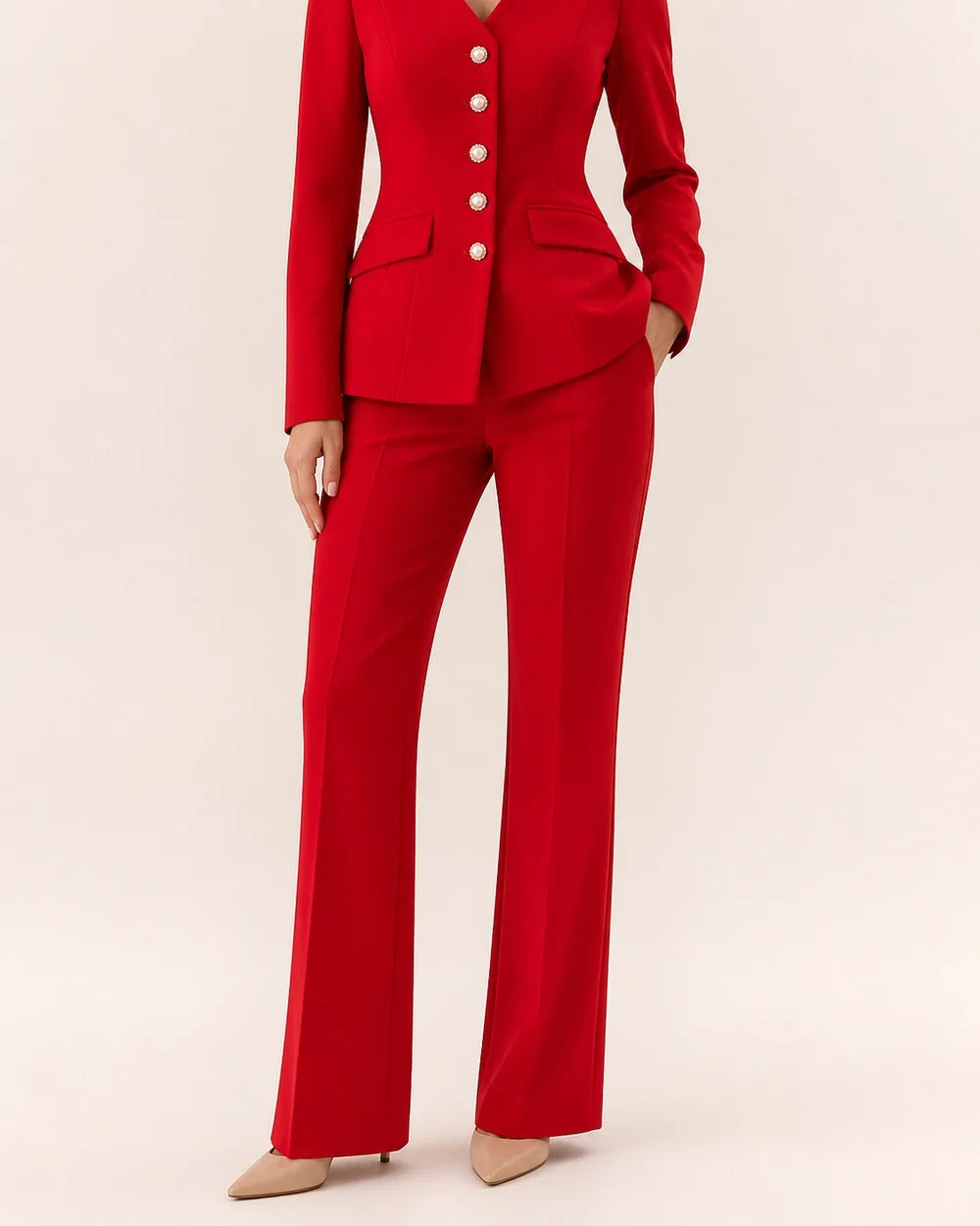 Red fitted five-button blazer and trousers set for women, worn view