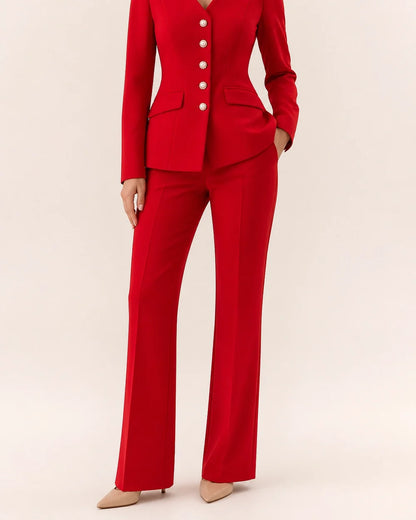 Red fitted five-button blazer and trousers set for women, worn view
