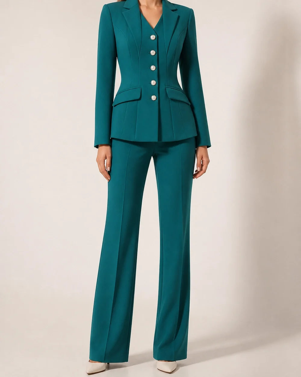 Teal fitted five-button blazer and trousers set for women, worn view
