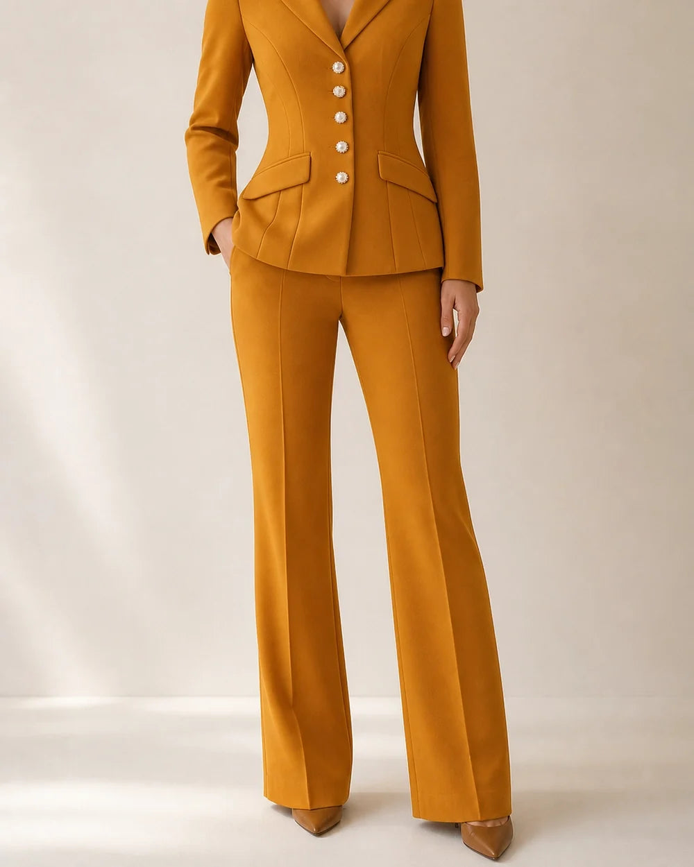 Mustard fitted five-button blazer and trousers set for women, worn view