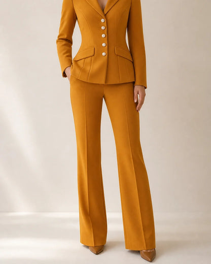 Mustard fitted five-button blazer and trousers set for women, worn view