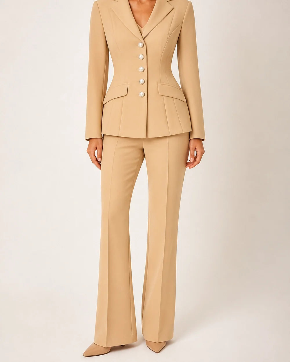 Beige fitted five-button blazer and trousers set for women, worn view
