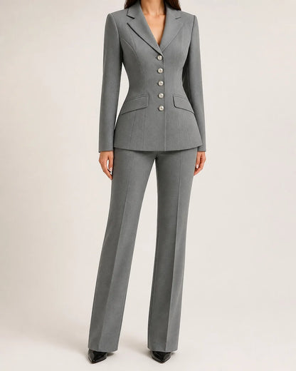 Grey fitted five-button blazer and trousers set for women, worn view