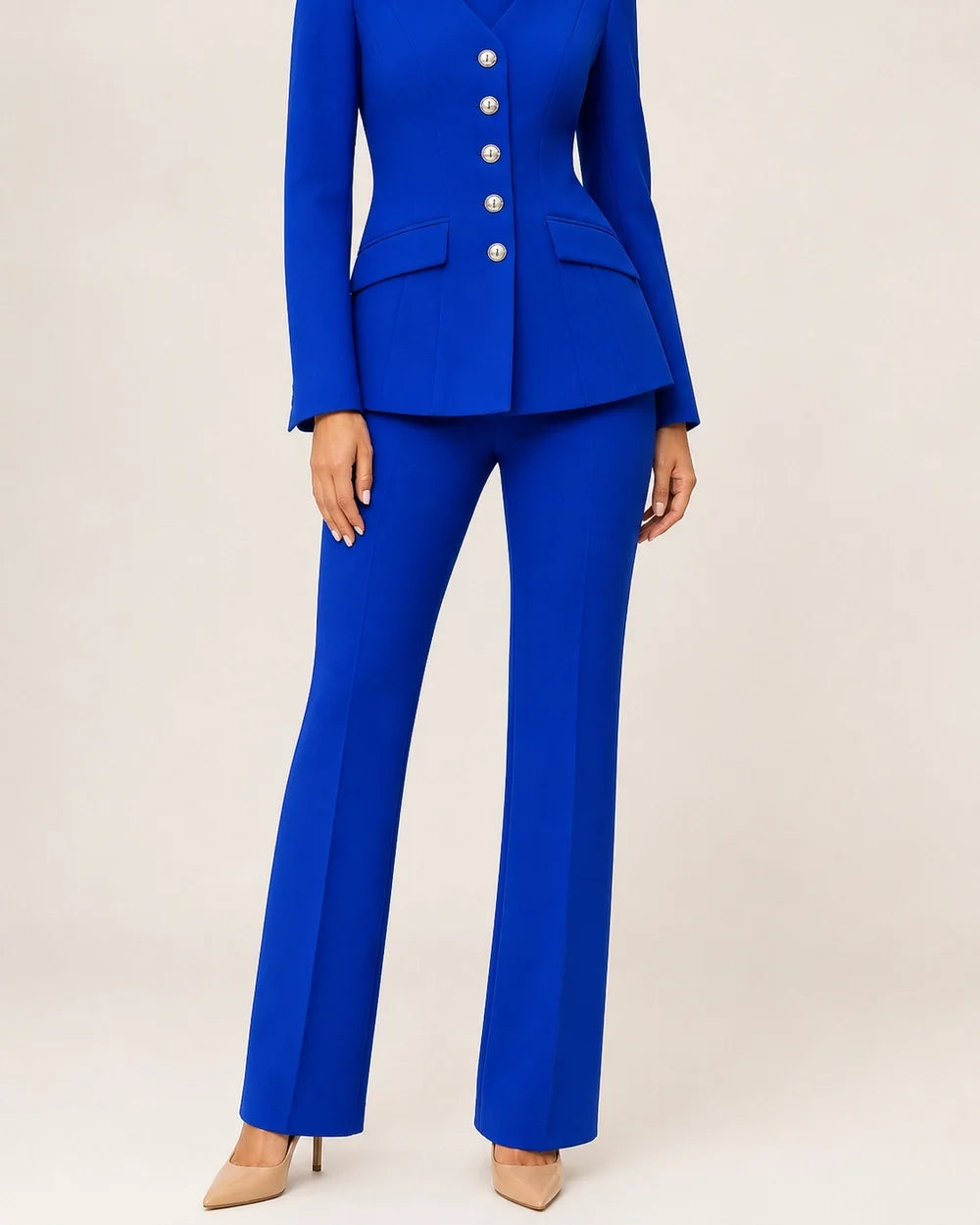 Blue fitted five-button blazer and trousers set for women, worn view