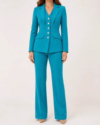 Turquoise fitted five-button blazer and trousers set for women, worn view