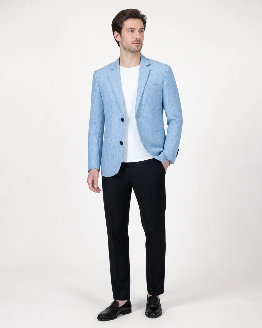 Light blue lightweight blazer for men, hero view.