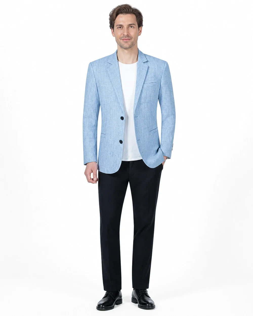 Light blue lightweight blazer for men, front view.