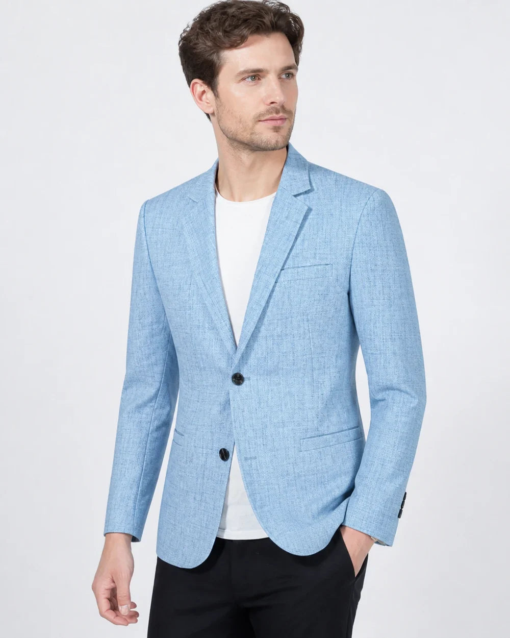 Light blue lightweight blazer for men, three quarter view.