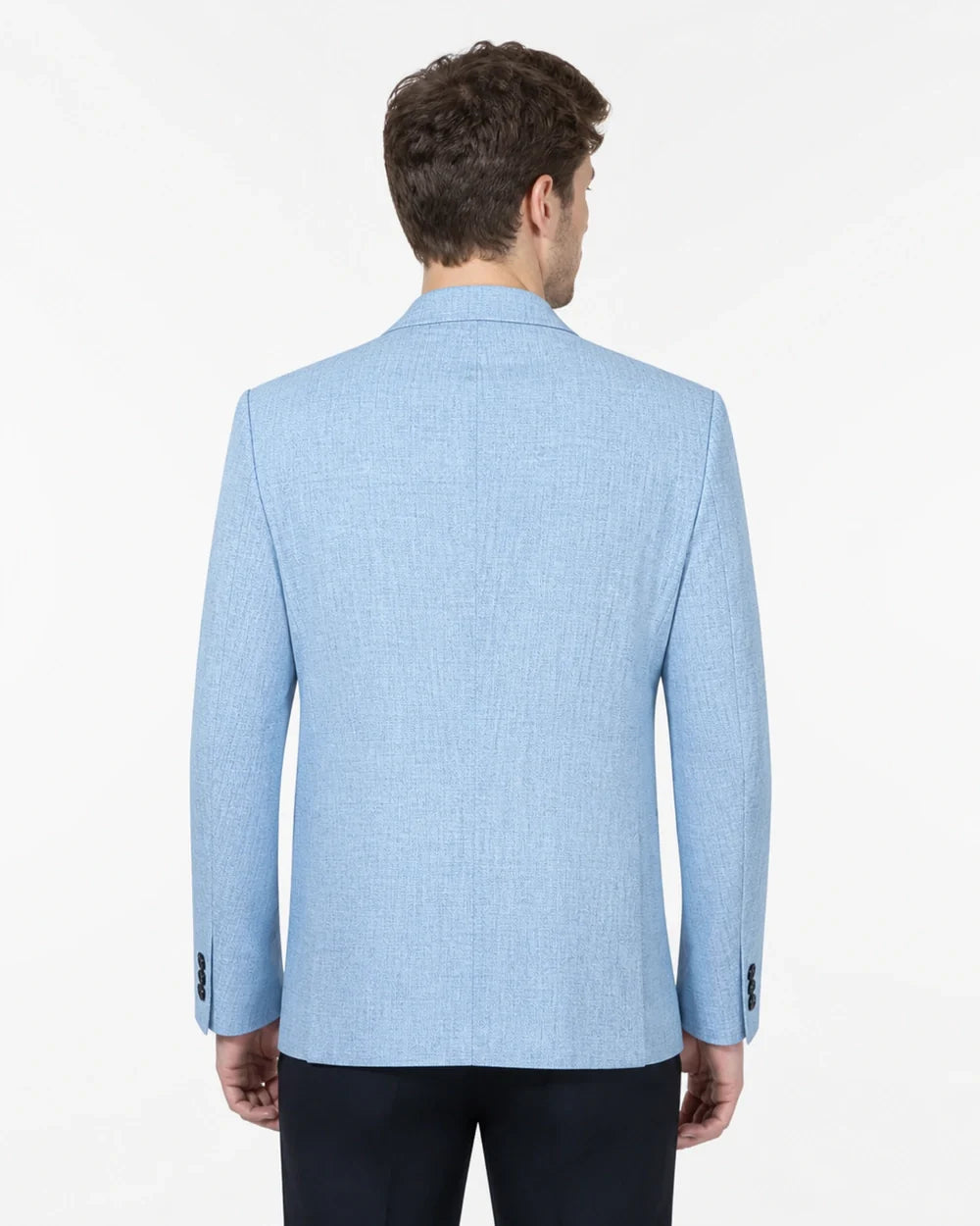 Light blue lightweight blazer for men, back view.
