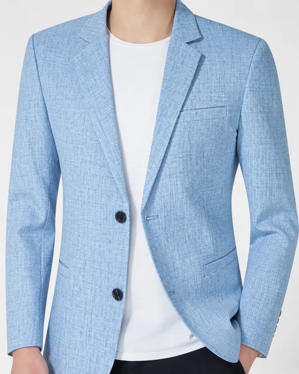 Light blue lightweight blazer for men, detail view.