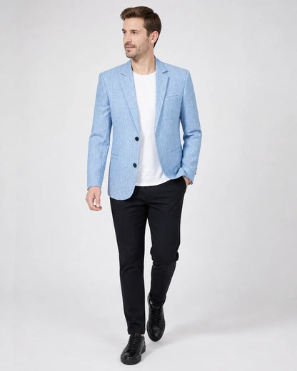 Light blue lightweight blazer for men, movement view.