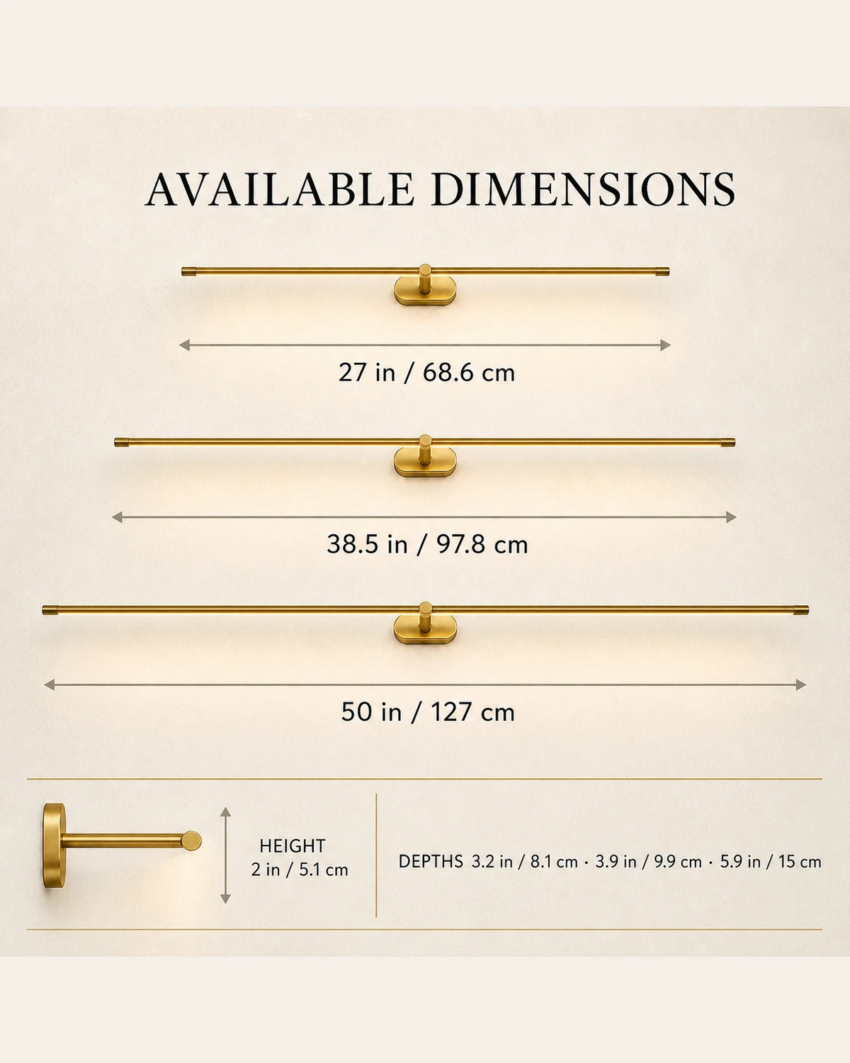 Available dimensions of the linear LED wall light: 27, 38.5 and 50 inches