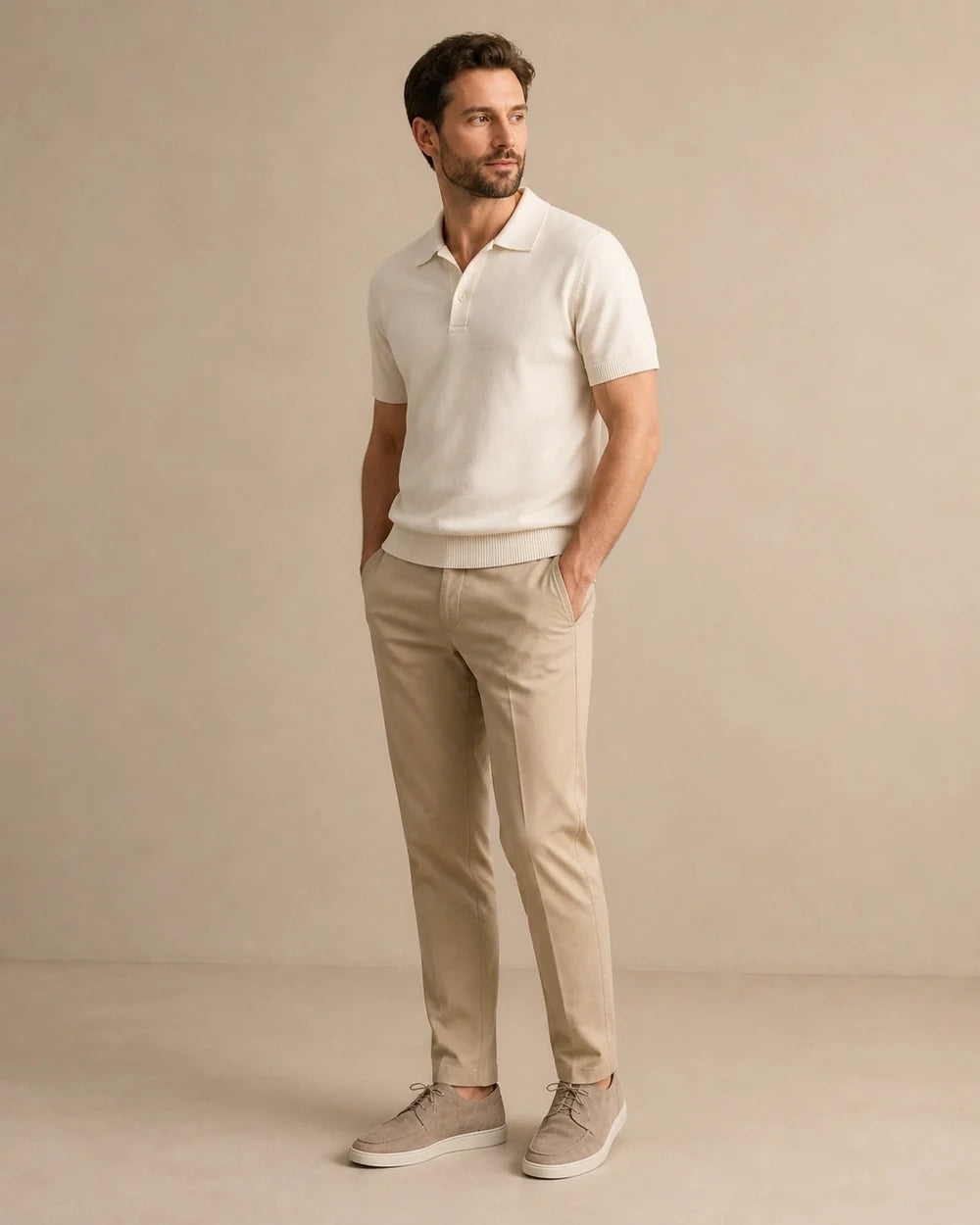 Full styled silhouette with men's beige lace-up moccasins.