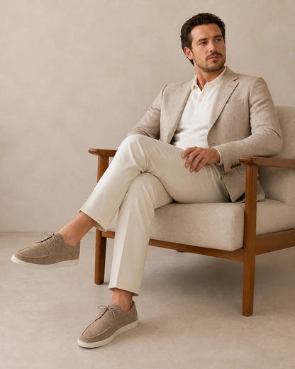 Seated styling view with beige lace-up moccasins.