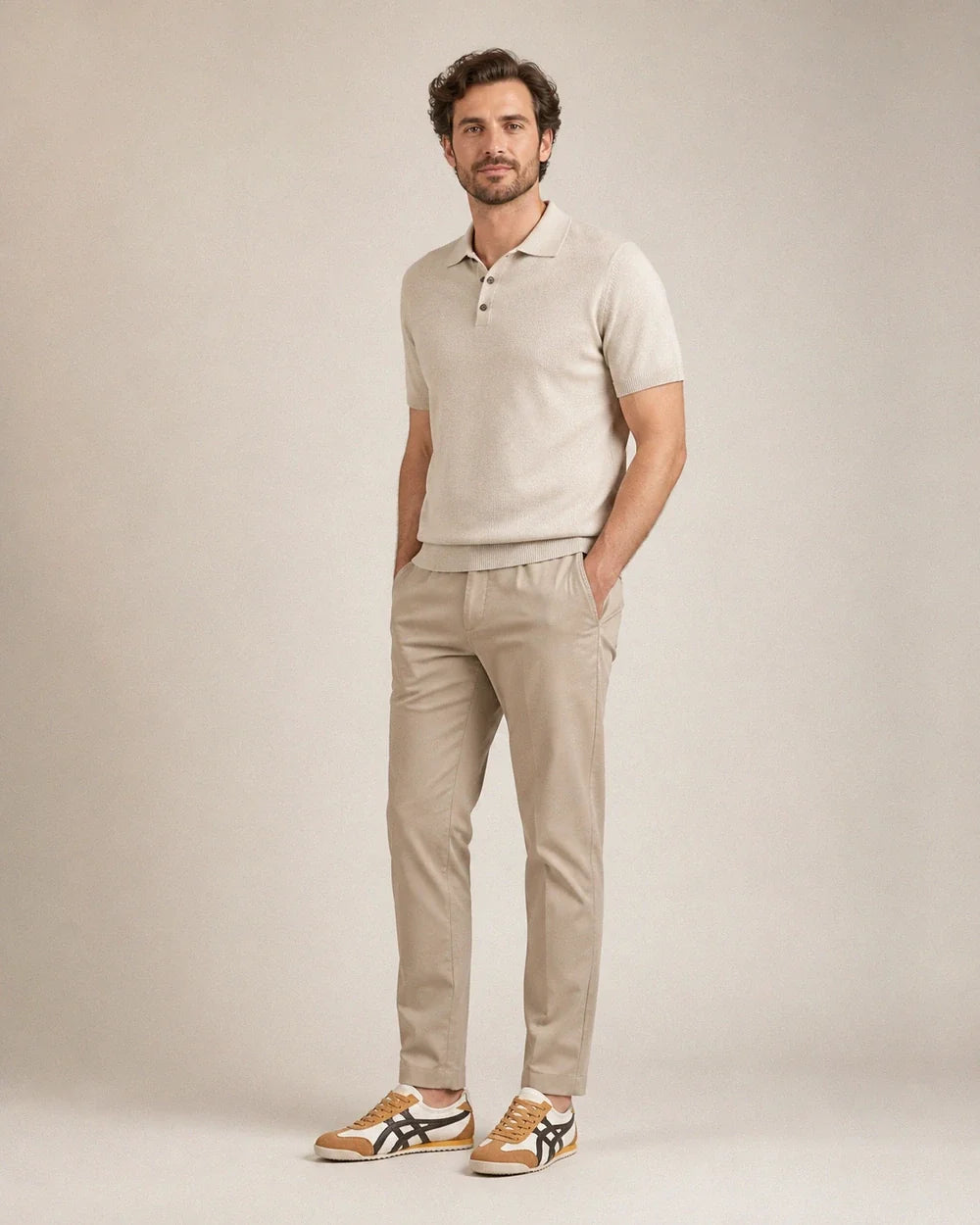 Full styled silhouette with men's brown-yellow retro panel sneakers.