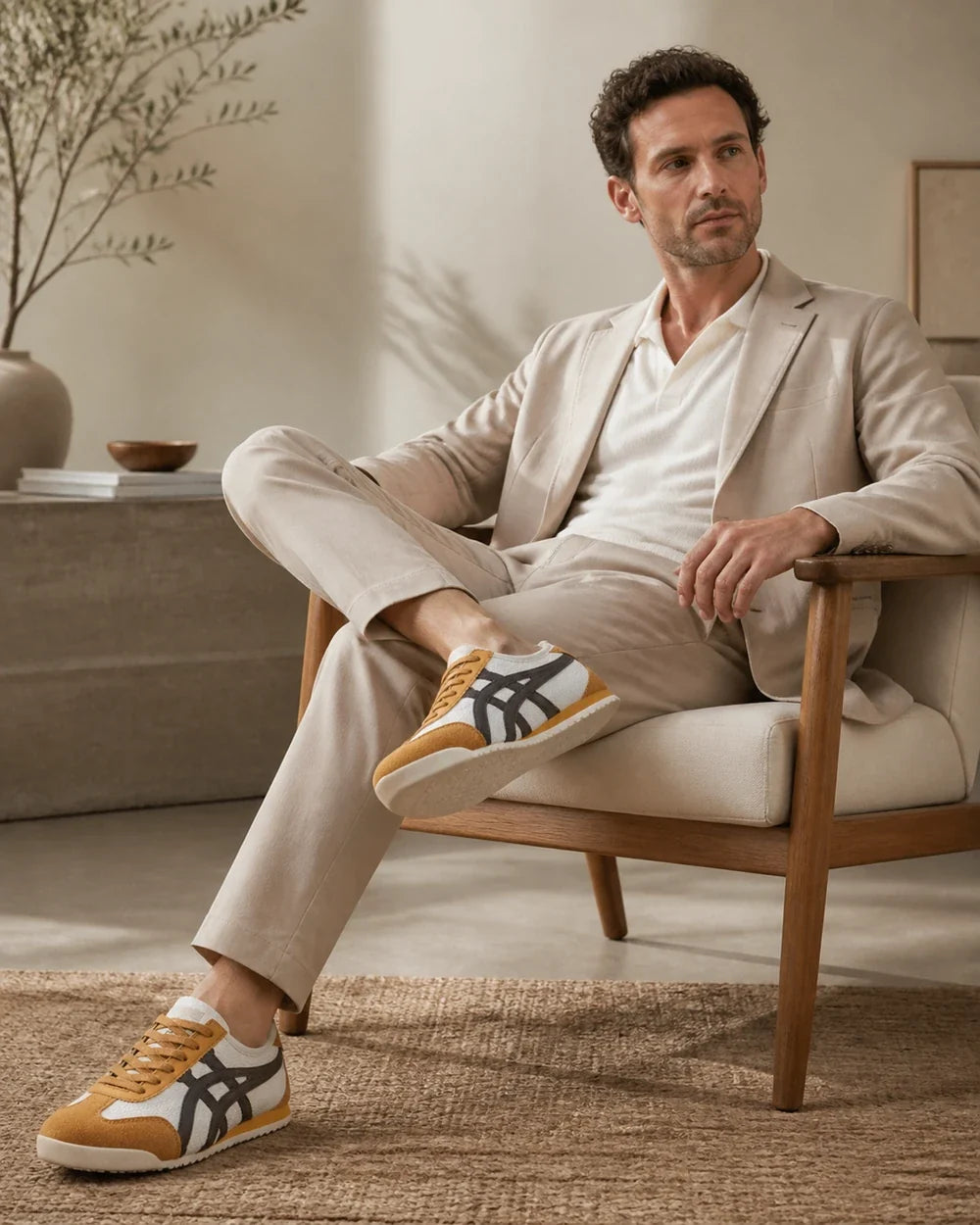 Seated styling view with brown-yellow retro panel sneakers.