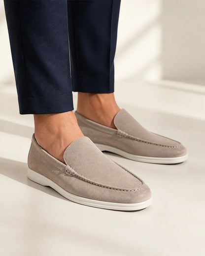 Men wearing beige suede-effect slip-on loafers, close product-first view.