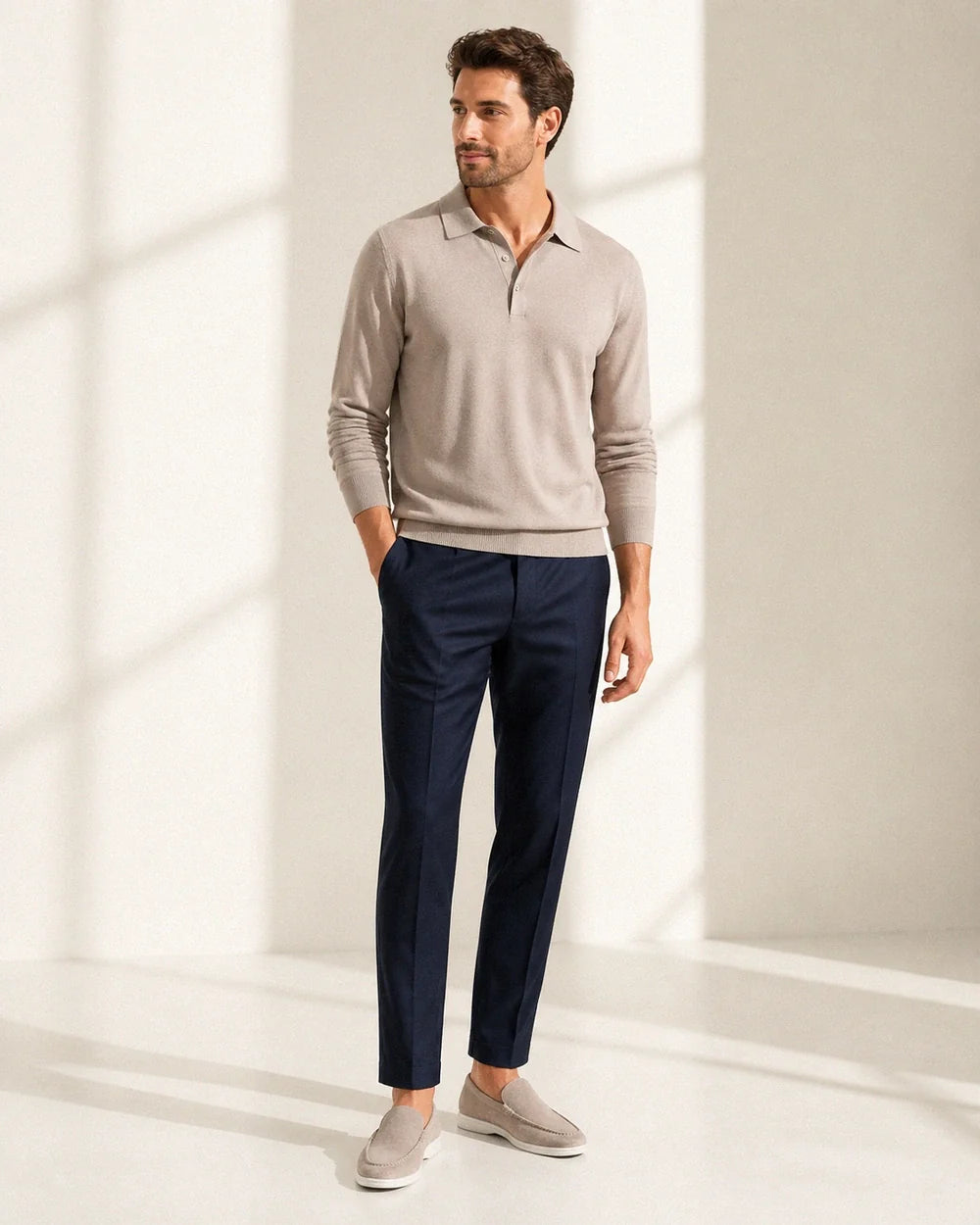 Men's beige suede-effect slip-on loafers shown in a complete styled silhouette.