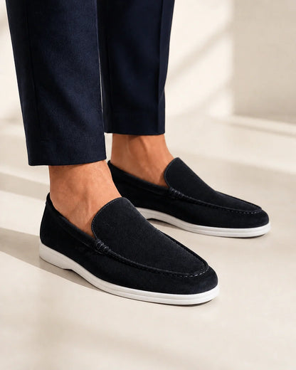 Men wearing black suede-effect slip-on loafers, close product-first view.