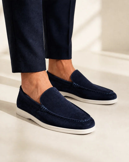Men wearing navy blue suede-effect slip-on loafers, close product-first view.