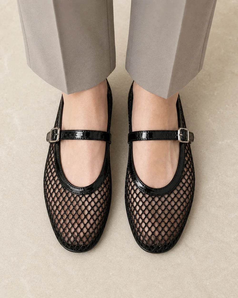 Women’s black mesh Mary Jane ballet flats, overhead fit view.