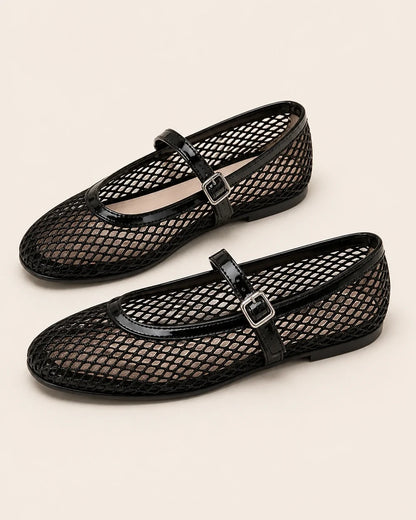 Women’s black mesh Mary Jane ballet flats, product-only pair view.