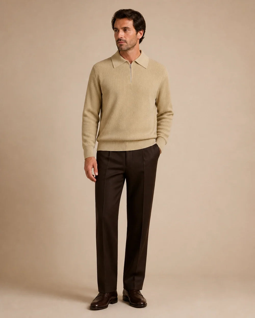 Khaki quarter-zip knit sweater for men, hero view.
