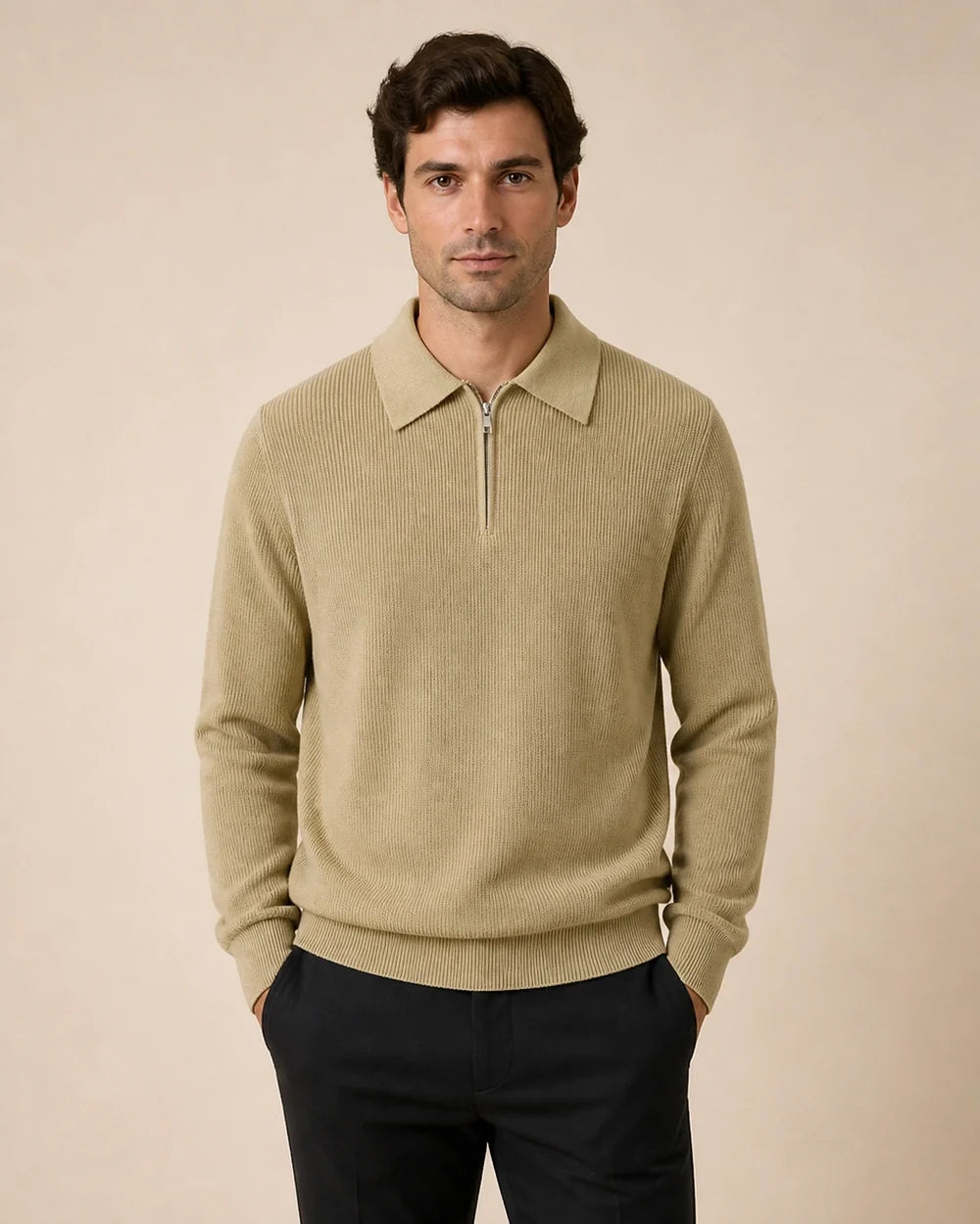 Khaki quarter-zip knit sweater for men, front view.