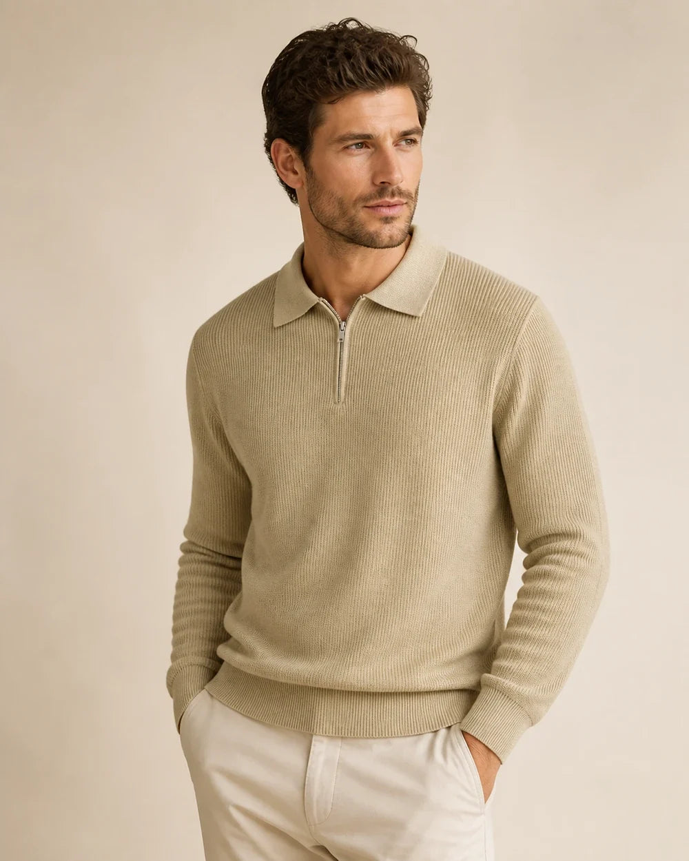 Khaki quarter-zip knit sweater for men, three quarter view.