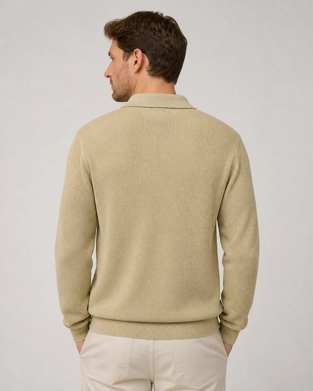 Khaki quarter-zip knit sweater for men, back view.