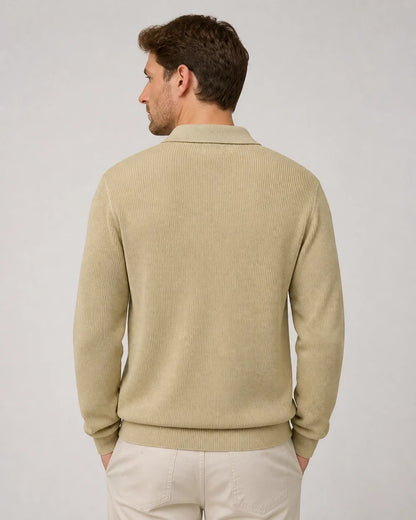 Khaki quarter-zip knit sweater for men, back view.