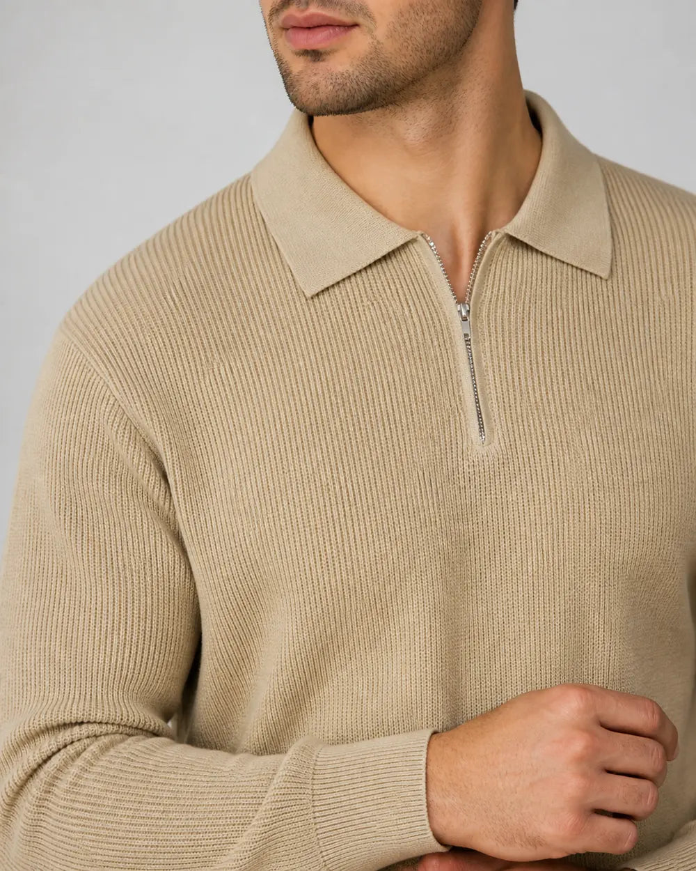 Khaki quarter-zip knit sweater for men, detail view.
