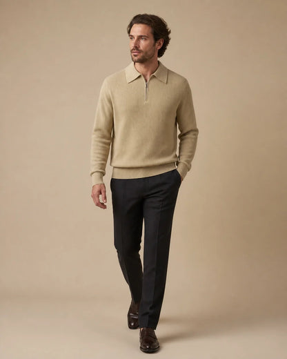 Khaki quarter-zip knit sweater for men, movement view.