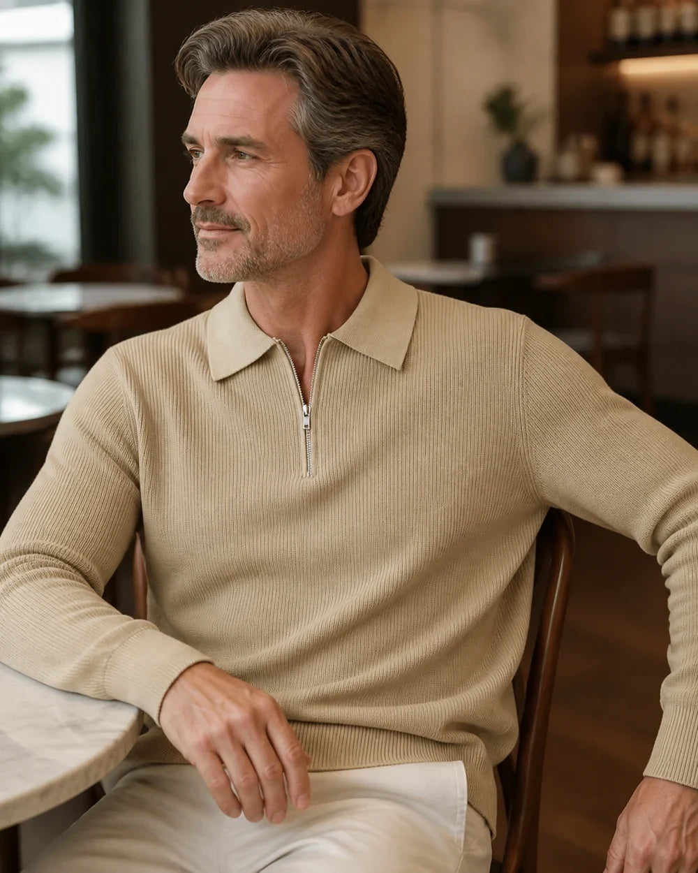 Khaki quarter-zip knit sweater for men, lifestyle view.