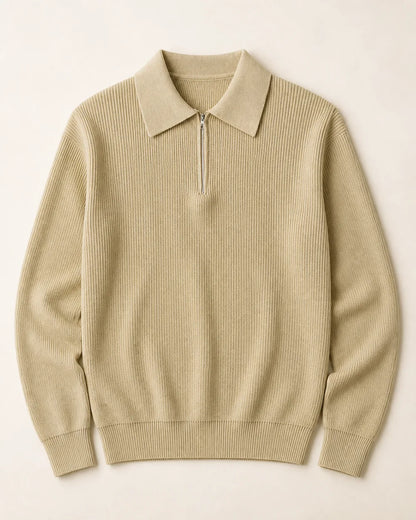Khaki quarter-zip knit sweater for men, flatlay view.