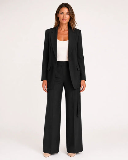 Black relaxed blazer and wide-leg trousers set for women, front view