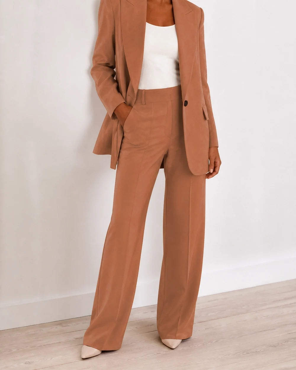 Coffee Brown relaxed blazer and wide-leg trousers set for women, worn view