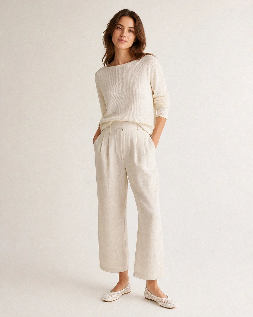 Women's white mesh tabi ballet flats, full styled silhouette.