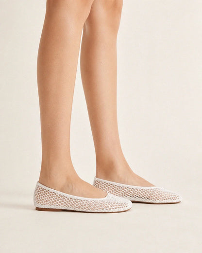 Women's white mesh tabi ballet flats, lateral profile.