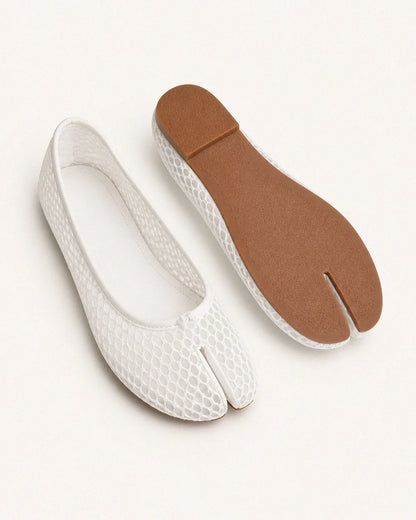 Women's white mesh tabi ballet flats, product and outsole view.