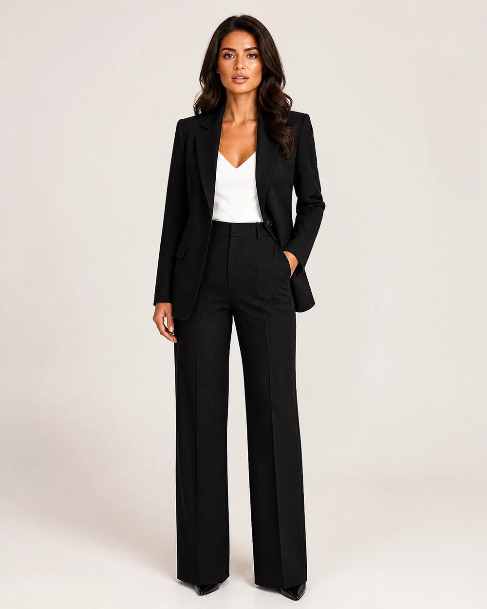 Women's tailored blazer and wide-leg trousers set – 02 black front